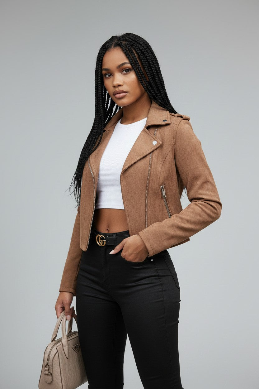 Eloise | Women's Cropped Suede Moto Jacket with Zip Front
