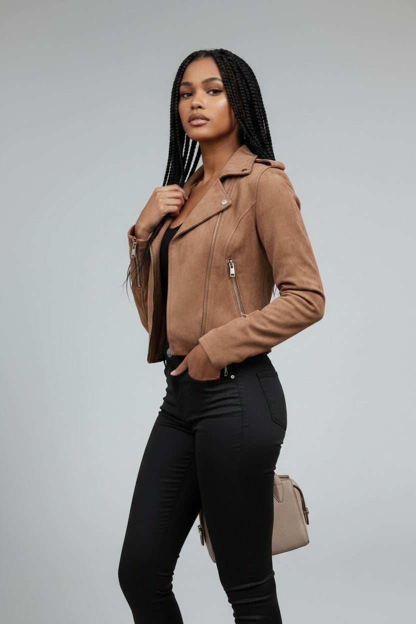 Eloise | Women's Cropped Suede Moto Jacket with Zip Front