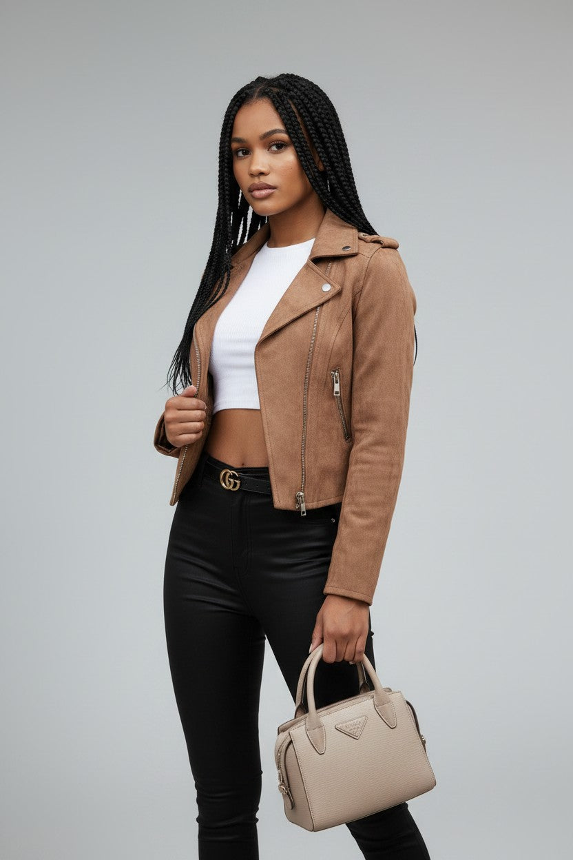 Eloise | Women's Cropped Suede Moto Jacket with Zip Front